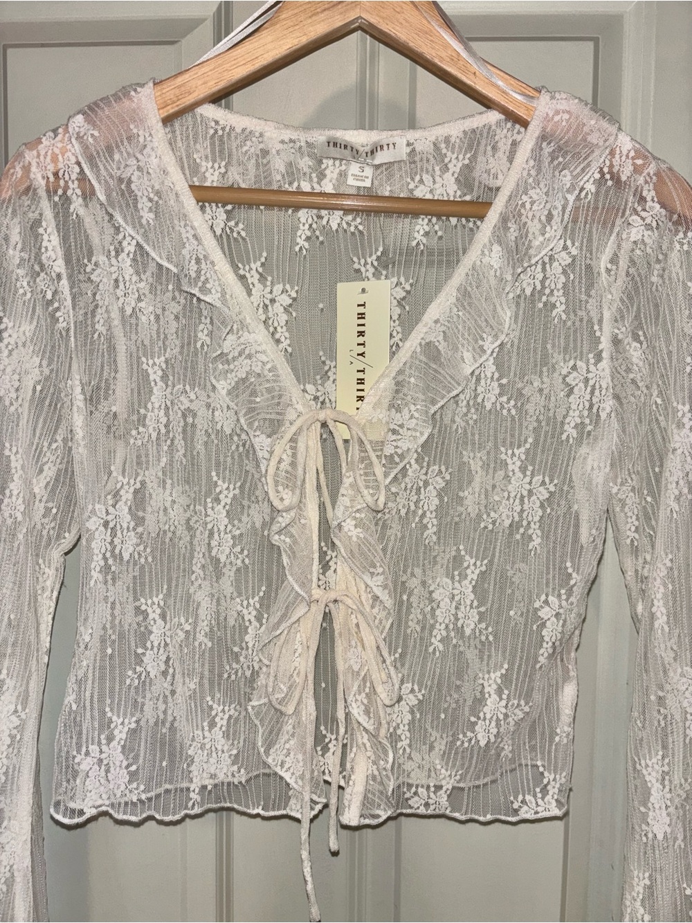 Long Sleeve Lace Tie-Front Sheer Top in Ivory